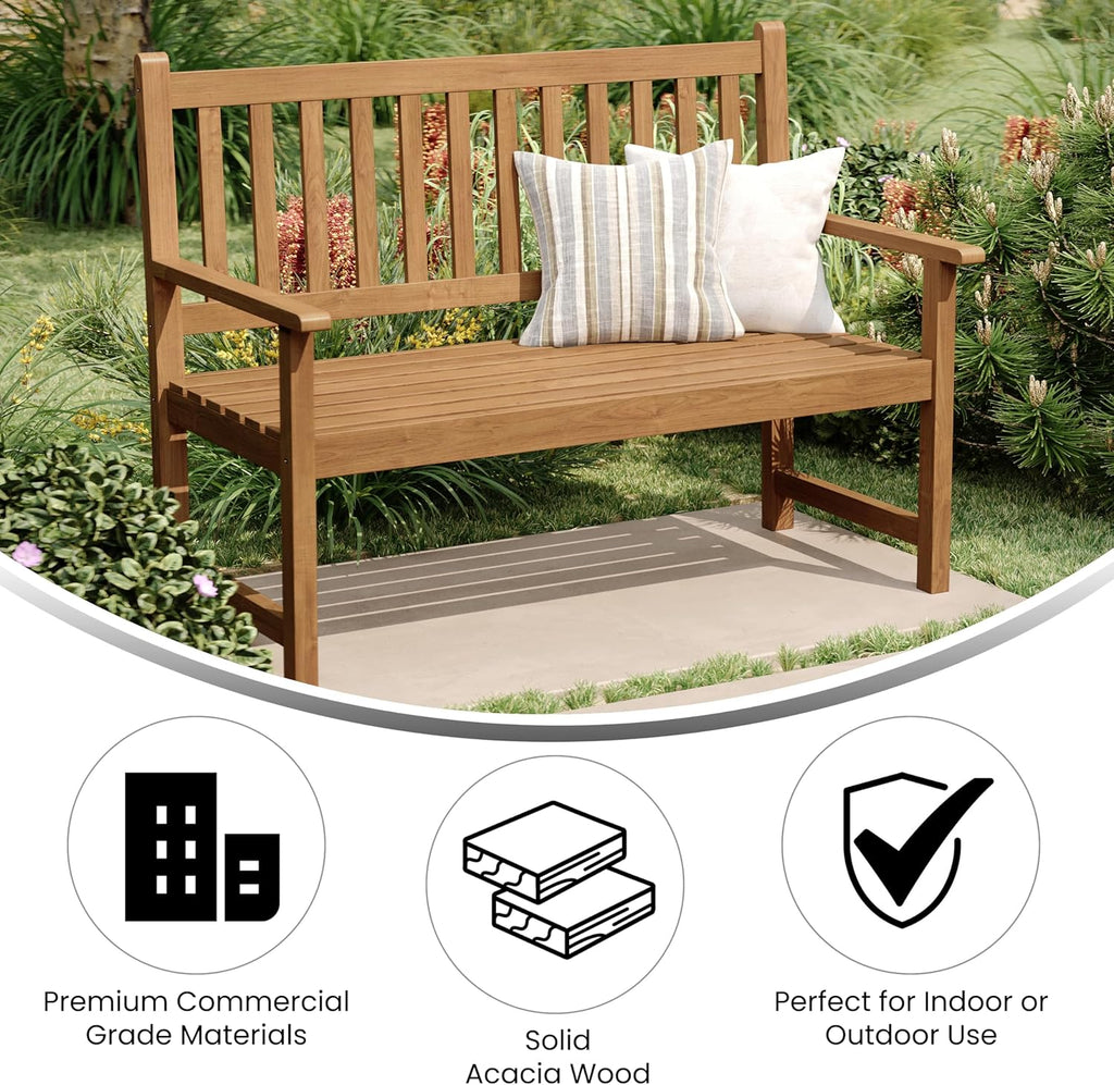 Flash Furniture Adele Commercial Indoor/Outdoor Acacia Wood Bench, 2-Person Slatted Patio Loveseat, for Use in Yard, Garden, Porch, or Park, Brown