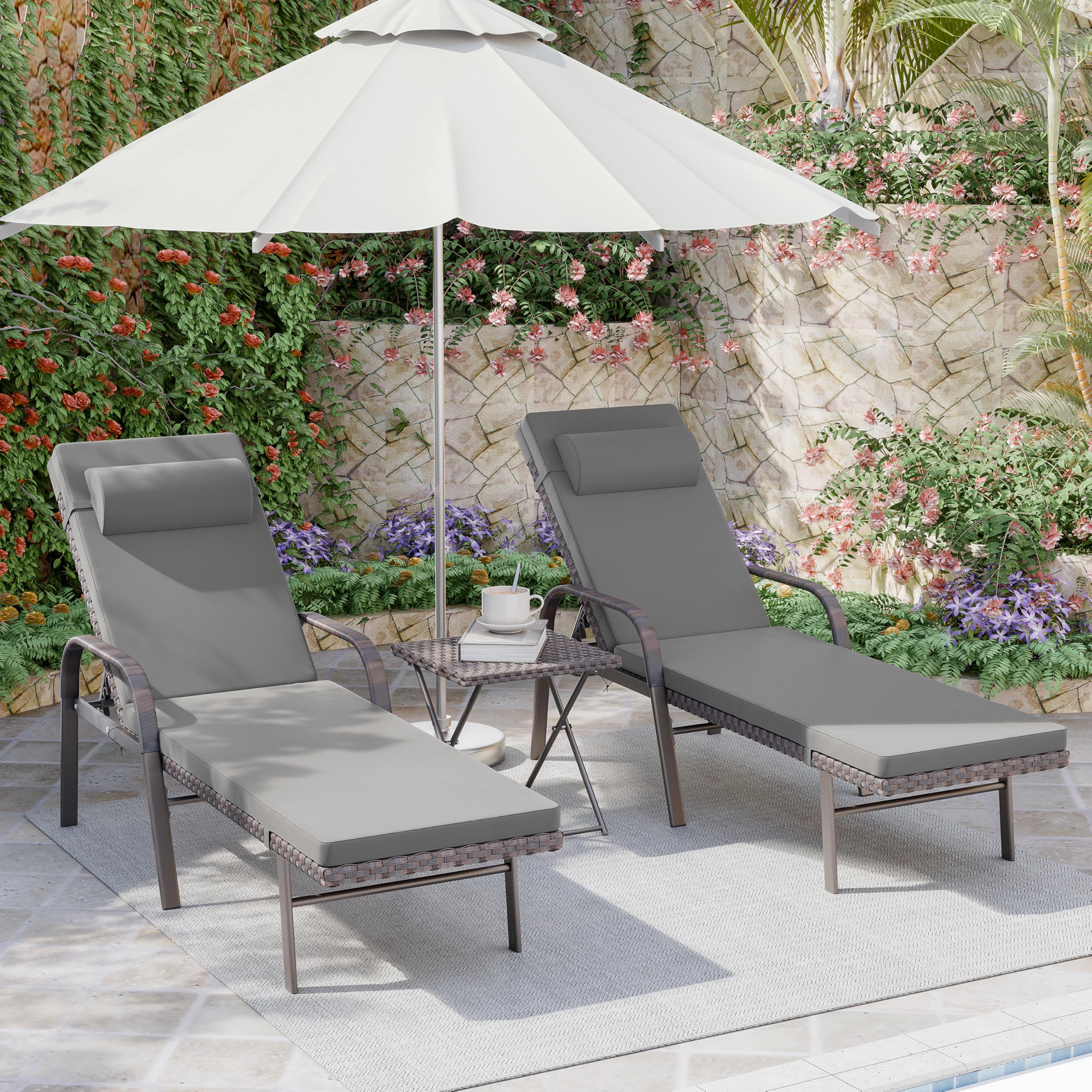 3 Pieces Patio Chaise Lounge Set Outdoor PE Rattan Armrest Lounge Chair Adjustable Backrest Reclining Chair with Folding Table and Cushion for Patio Poolside Backyard Porch Beach(Blue)